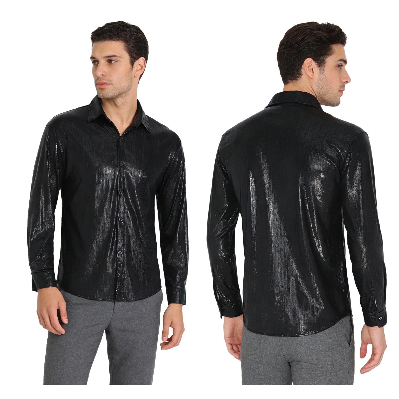 US Men Shirt Nightclub Top Loose Blouse Travel Front Button-up Dating Shiny Prom gallery