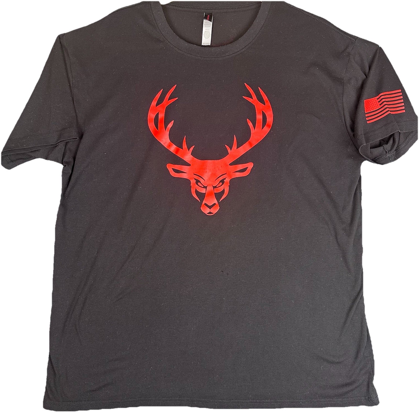 Bucked Up Deer Head Graphic T Shirt Black Red Logo Flag Sleeve Men’s XL