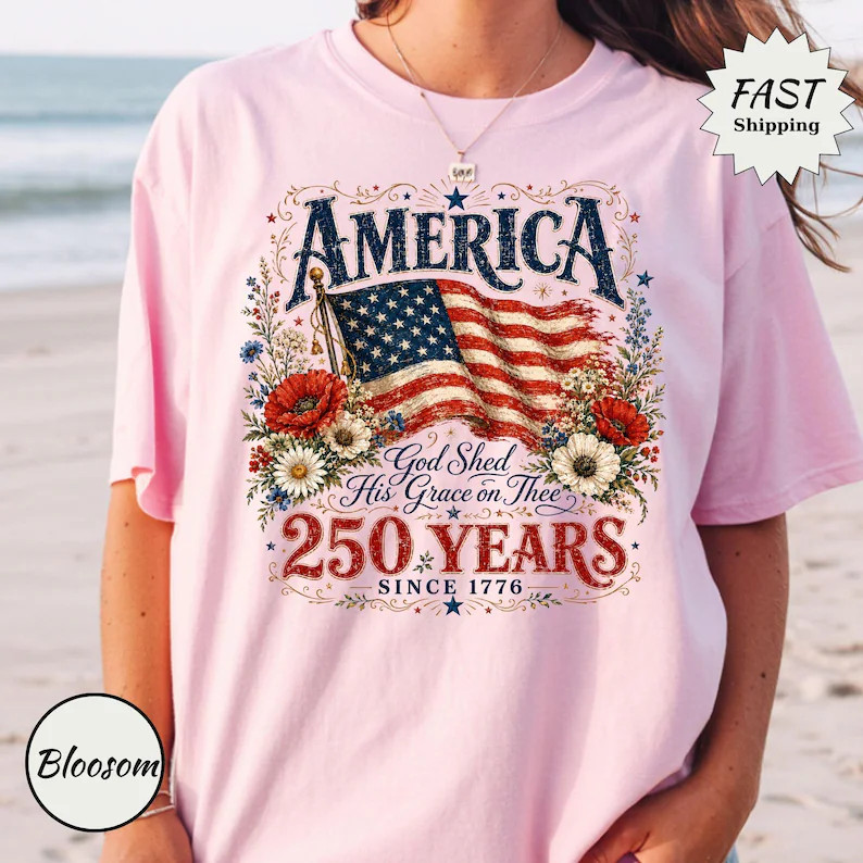 250 Years Flag & Poppies Shirt, Patriotic Floral ,God Shed His Grace on Thee Tee gallery