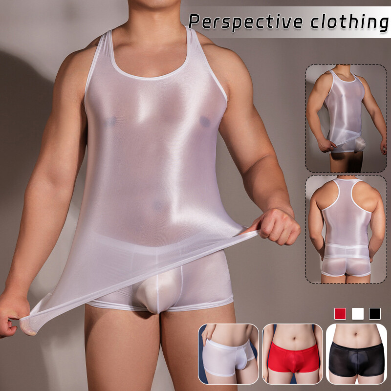 Sexy Men's Shiny Oil Tank Top Elastic Tank Top Transparent Fitness T-Shirt gallery