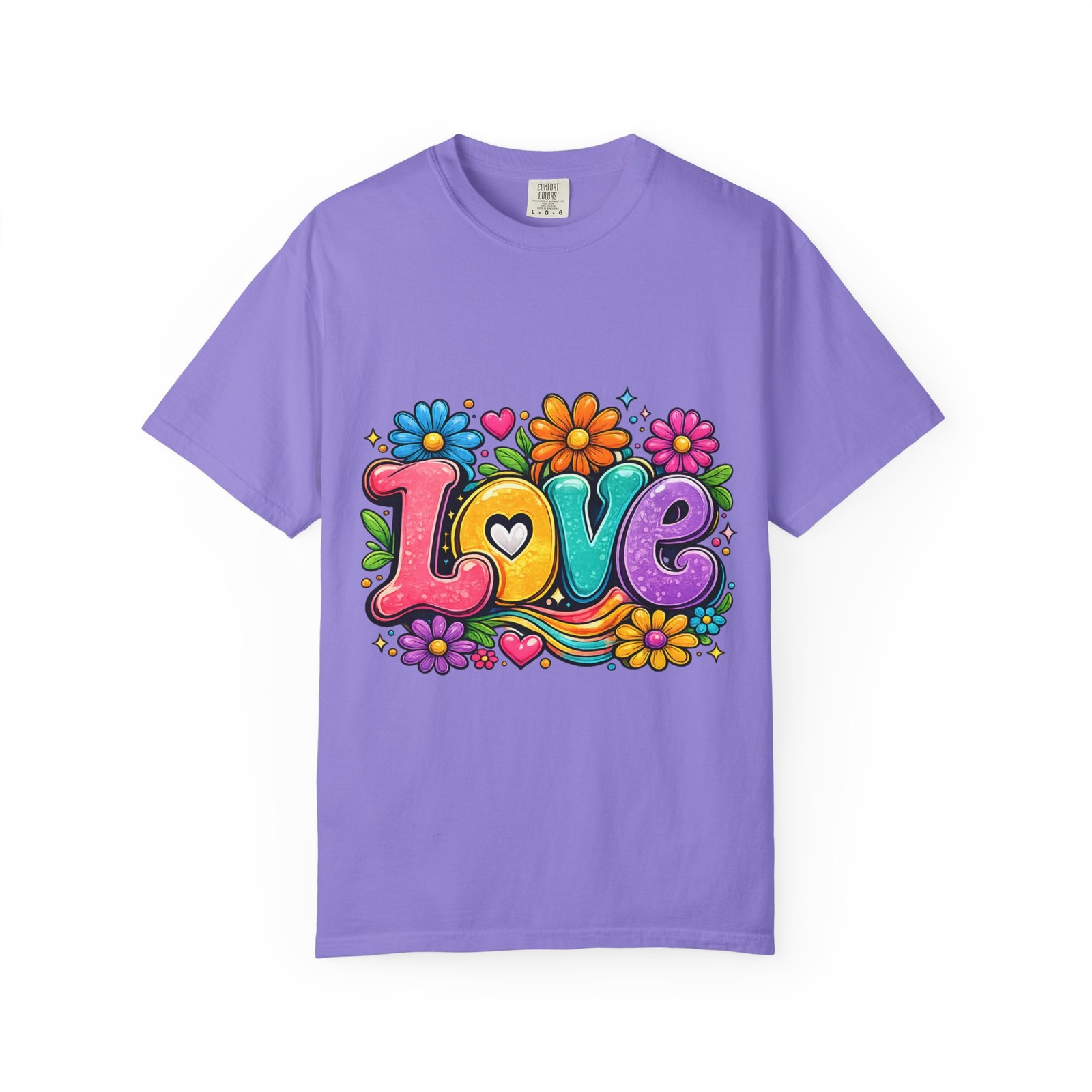 Retro Floral "Love" Design T-shirt | Colorful 70s Heart Typography gallery