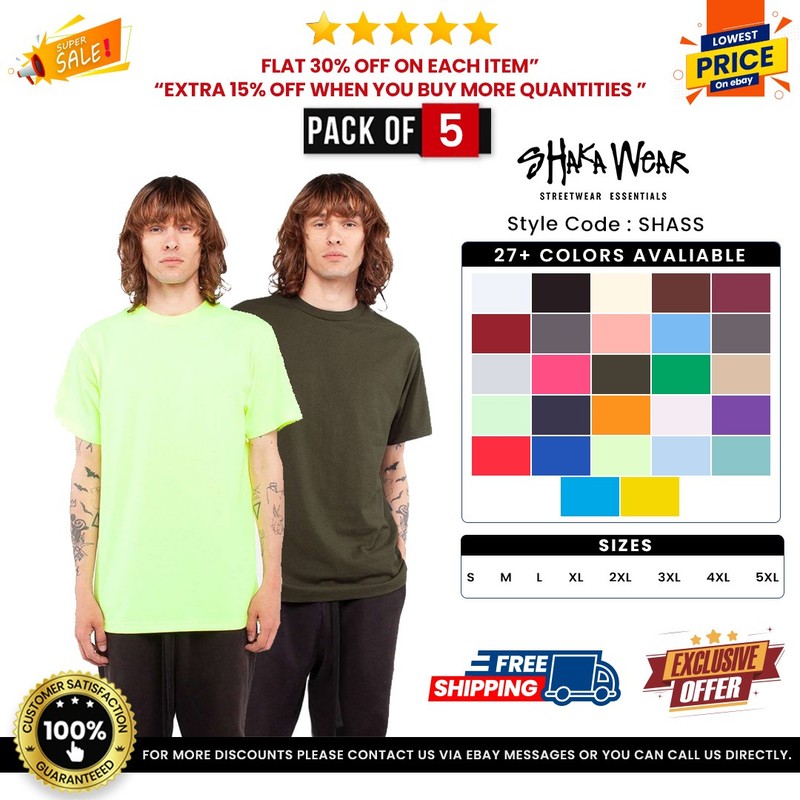 Pack Of 5 Shaka Wear SHASS Adult Active Short Sleeve Crewneck Plain T-Shirt