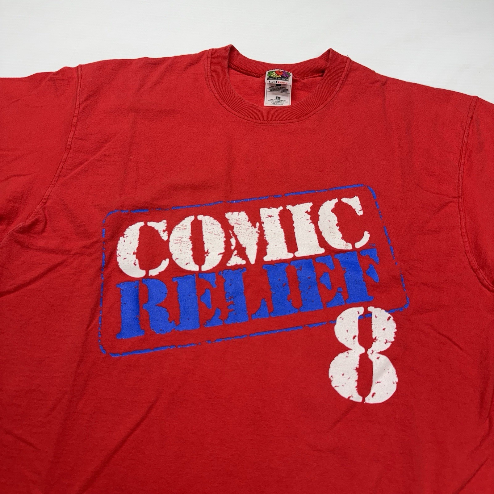 Vtg Fruit of the Loom Mens Comic Relief 8 Movie Promo Logo T-Shirt L Red Funny gallery