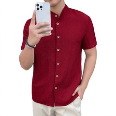 Men’s Stand Collar Textured Short Sleeve Button-Down Casual Summer Shirt