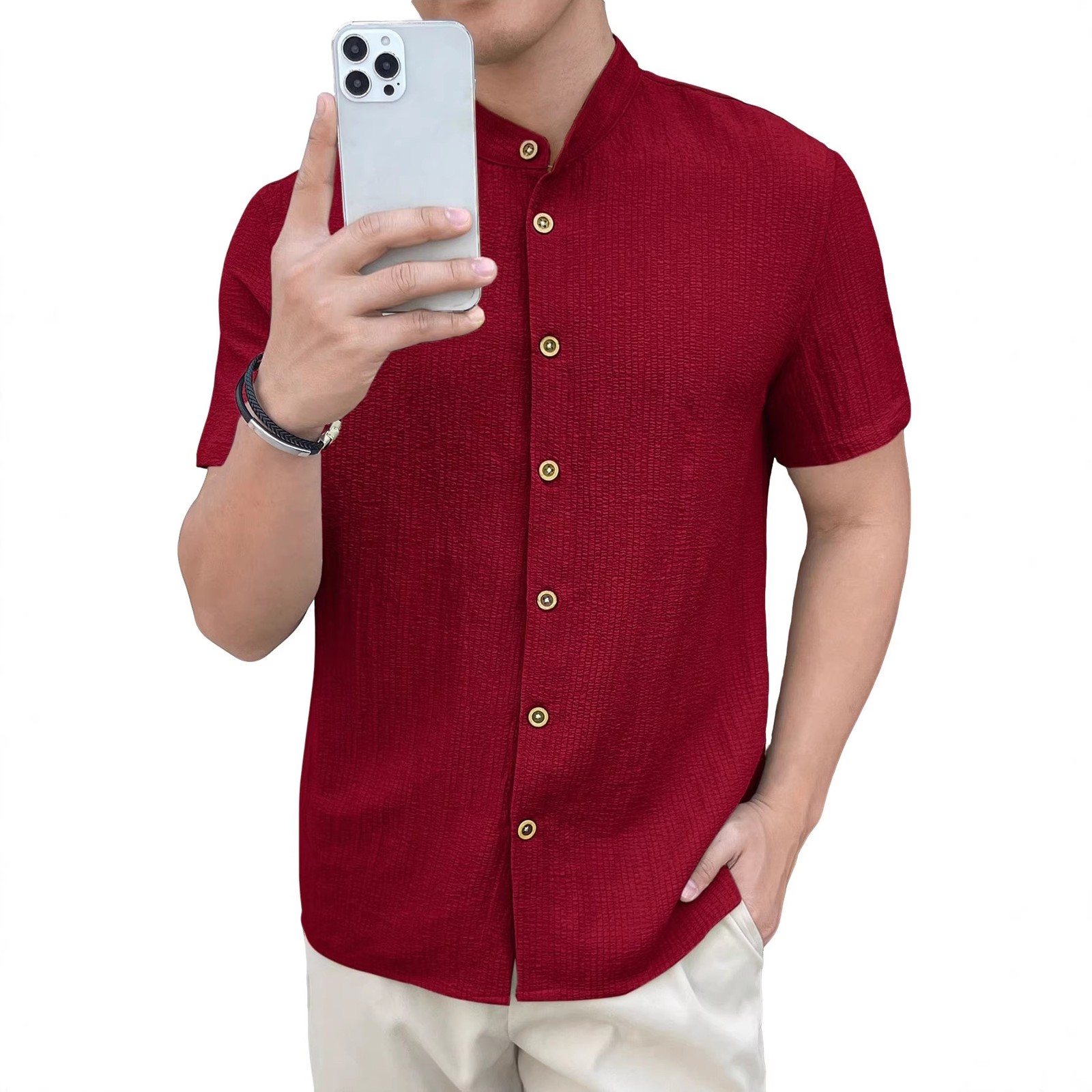 Men's Stand Collar Textured Short Sleeve Button-Down Casual Summer Shirt gallery