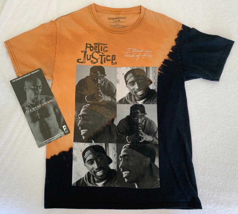 Tupac Shakur ‘Poetic Justice’ Size SMALL Black/Orange T shirt + 4×9″ Grammy Card