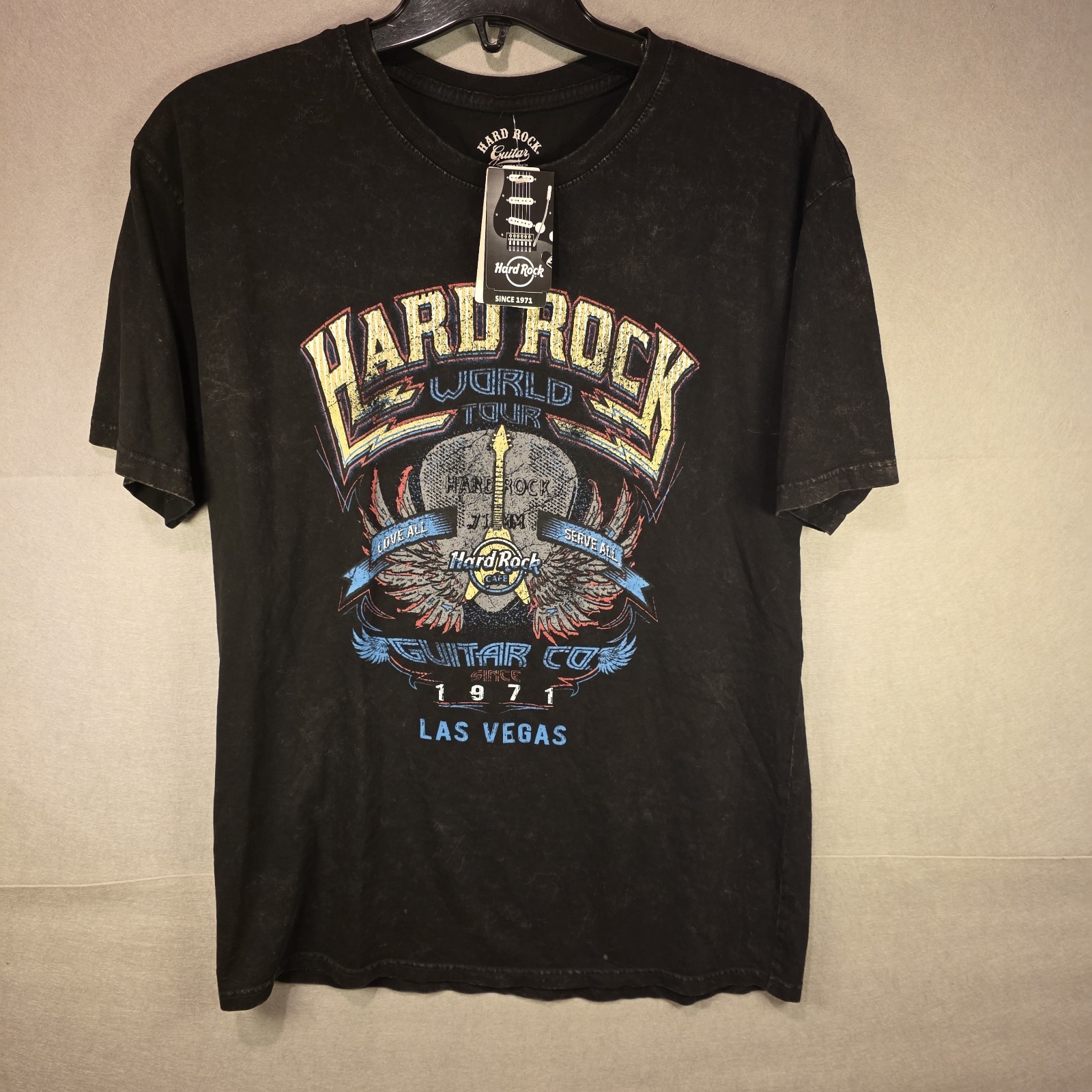Hard Rock Cafe Guitar Co World Tour 50 Yrs Black Acid Wash Las Vegas Shirt XL