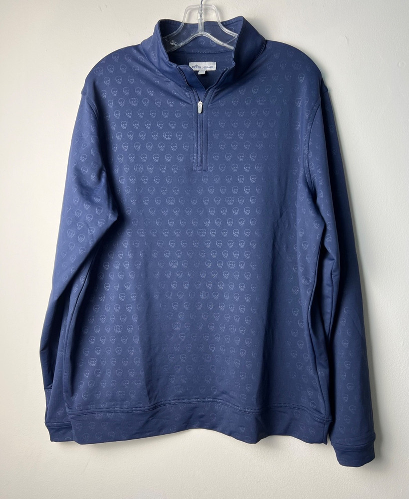 Peter Millar Men’s Dark Blue Quarter Zip Pullover Skull Print Performance Size L