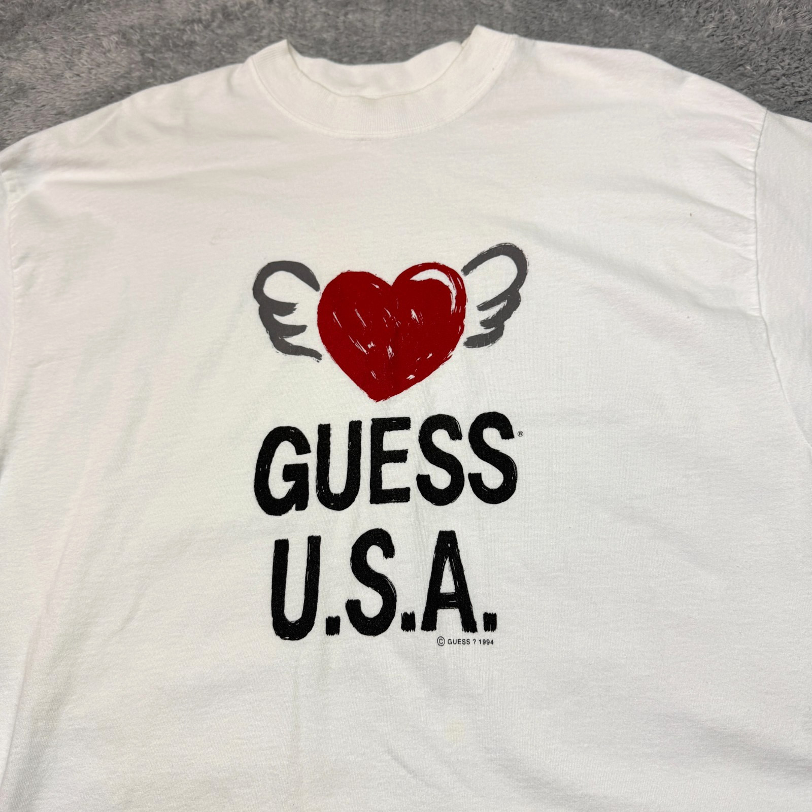 Vintage Guess T Shirt Adult One Size OSFA White Heart 1994 Made in USA 90s gallery
