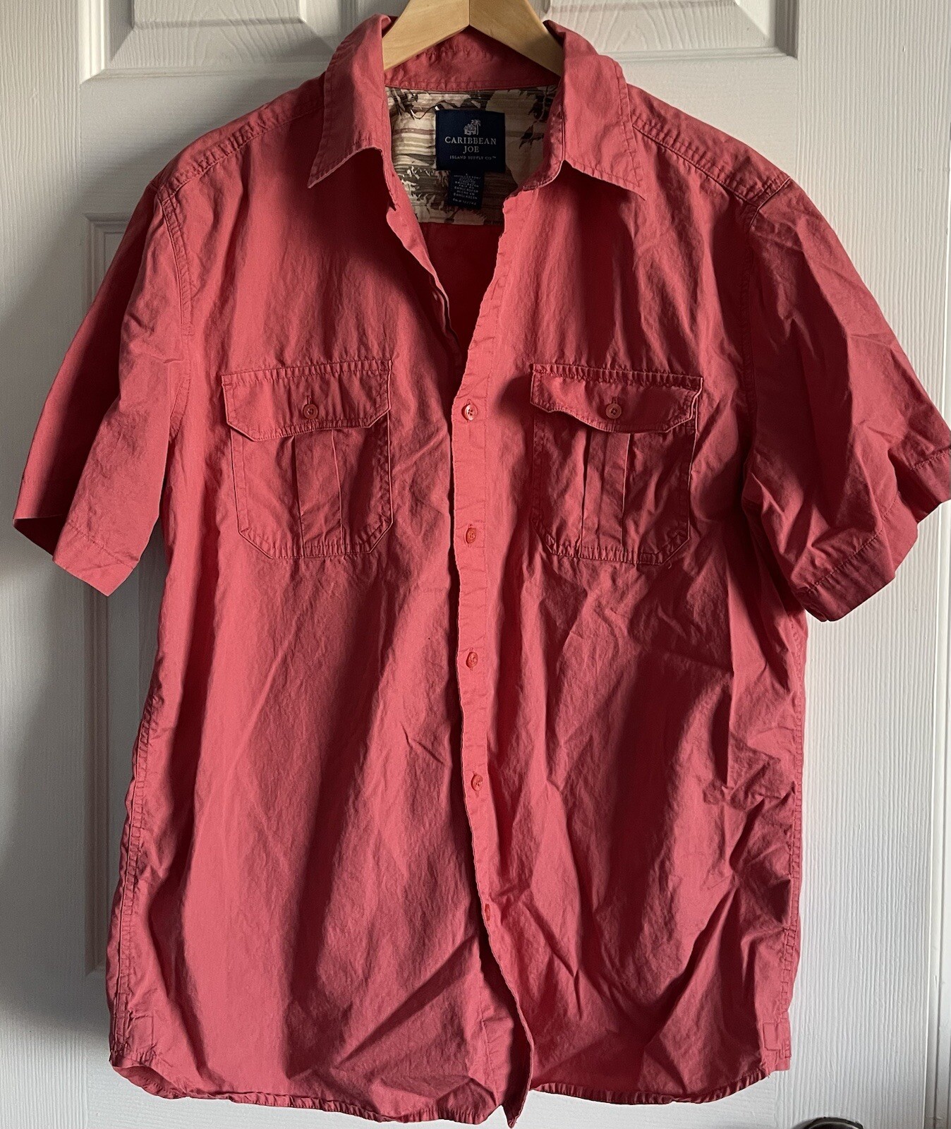 Caribbean Joe Men's L Short Sleeve Shirt Collared Button Up Cotton Pockets Coral gallery