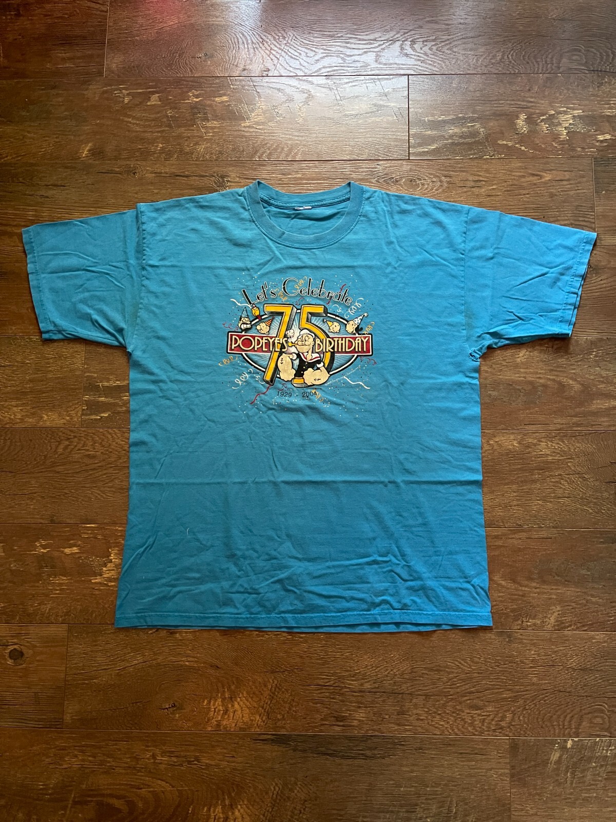 Vintage Popeye’s Birthday 75th Anniversary Shirt Size L-XL READ! VTG Y2K Blue