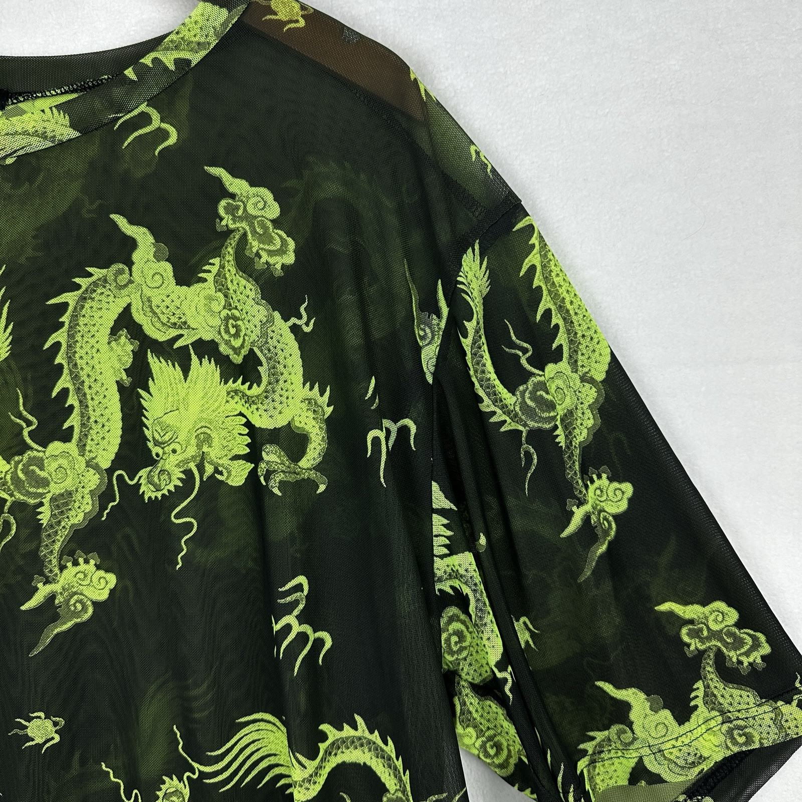 Rock Rose Couture Shirt Mens Medium See Through Mesh Dragon Print Lime Green Blk gallery