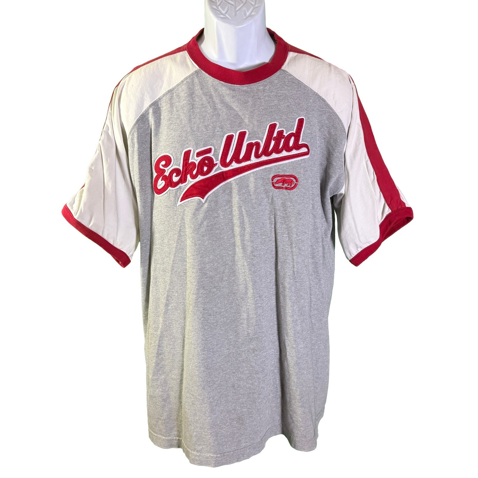 Ecko Unltd Jersey Shirt Mens Medium Gray Red Raglan Embroidered Logo 72 Knit gallery