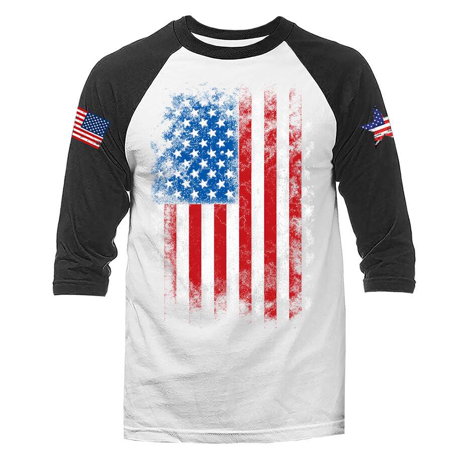 Large Vertical US Flag USA American Pride Patriot Patriotic 3/4 Sleeve Raglan gallery