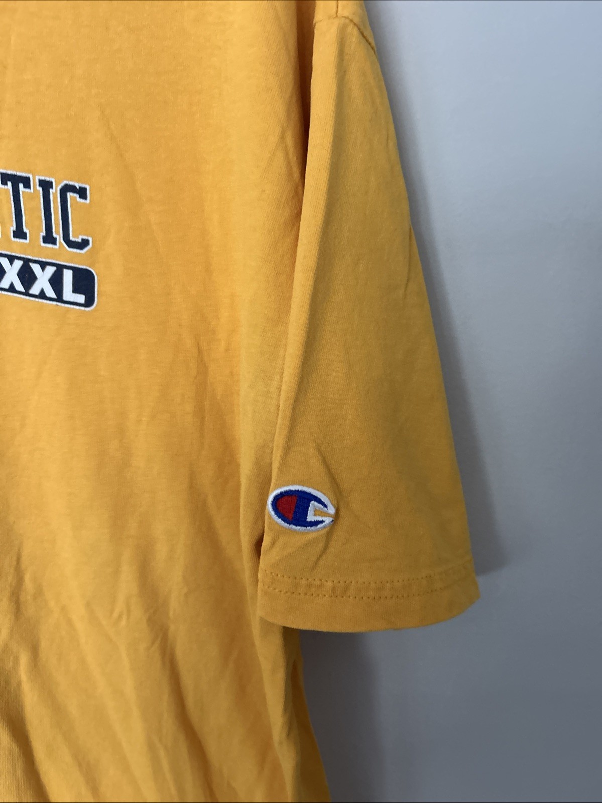 Champion Shirt Yellow Script Logo Authentic Athletic Large Sports Men Casual gallery