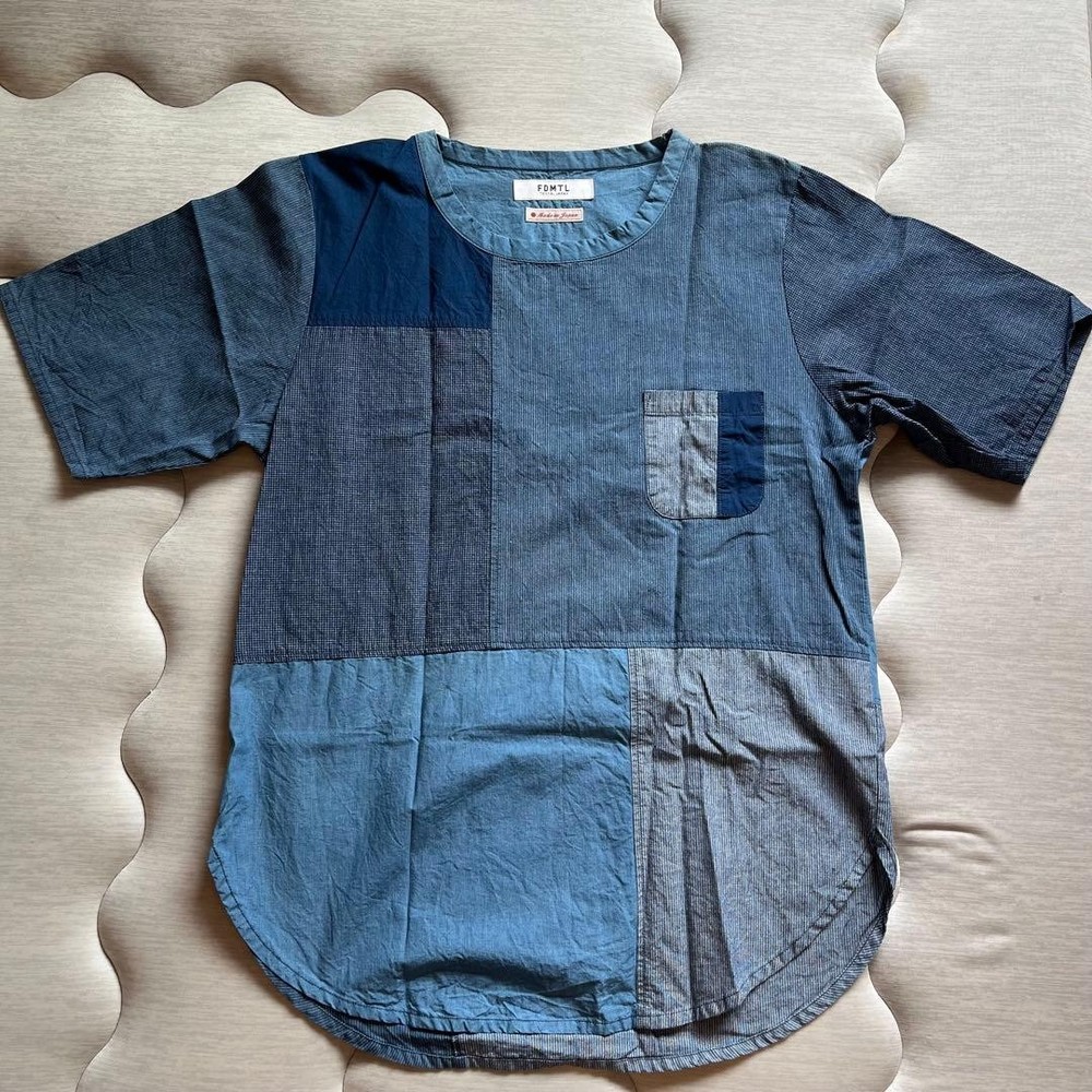 FDMTL Indigo Blue Denim Patchwork Short Sleeve Shirt Front Pocket Made in Japan