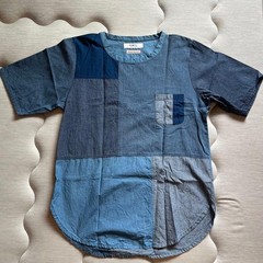 FDMTL Indigo Blue Denim Patchwork Short Sleeve Shirt Front Pocket Made in Japan