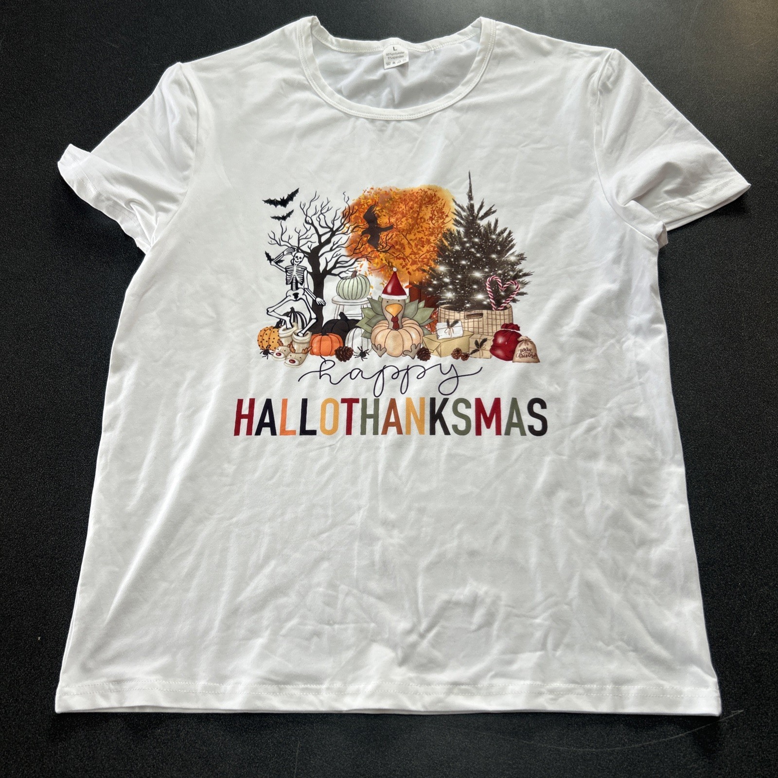 Happy HalloThanksMas Shirt Fall Size L Thanksgiving Christmas Pumpkins Trees