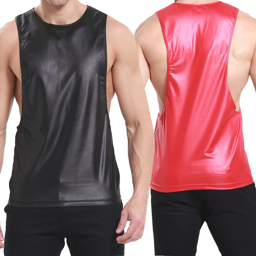 Mens Faux Leather Tank Top Vest T-Shirts Wet Look Sleeveless Tops Shirt Clubwear gallery