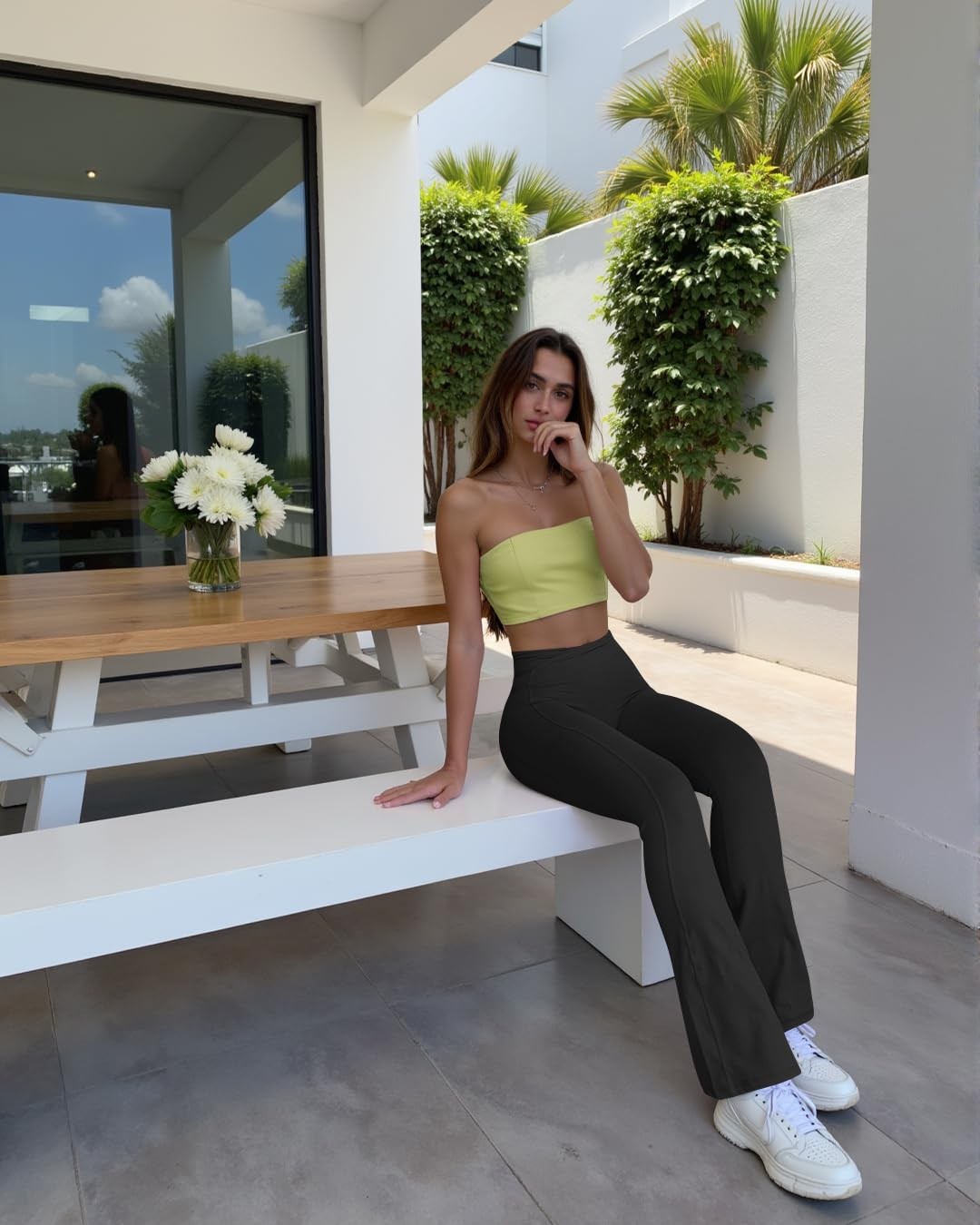 Women Pants Soft Active High Waist Crossover Flared Trousers with Pockets Black gallery