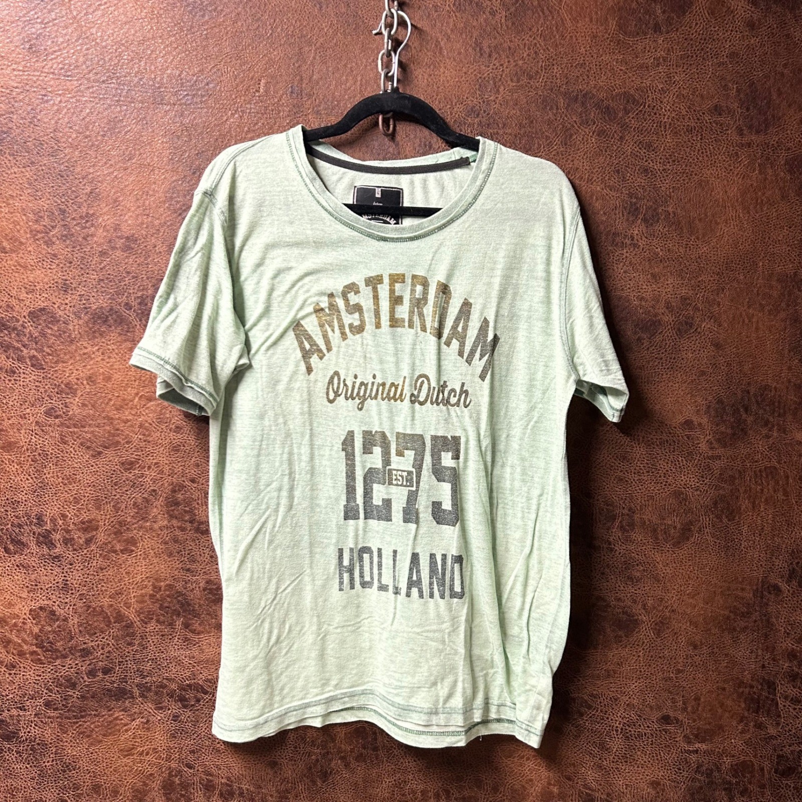 Amsterdam Industry Dutch Denim Short Sleeve Raw Hem Large Green Semi-Sheer Top