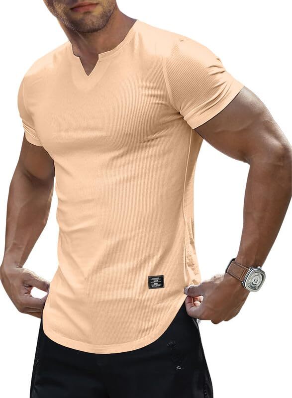 Mens V-Neck Muscle Slim Henley Shirt Workout Gym Athletic Shirt Summer Fashio…