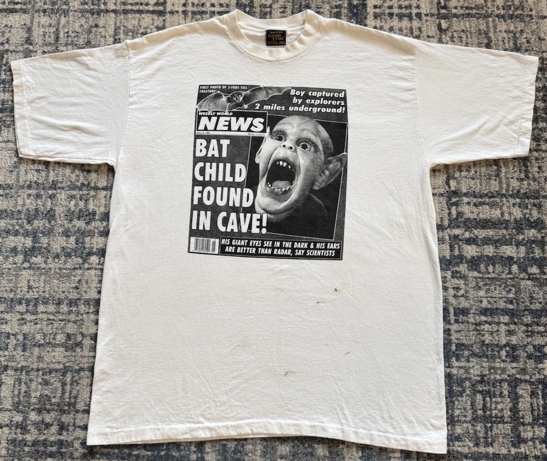 Vintage 90s Weekly World News Bat Child Find In Cave! T Shirt Sz 2XL Tabloid USA