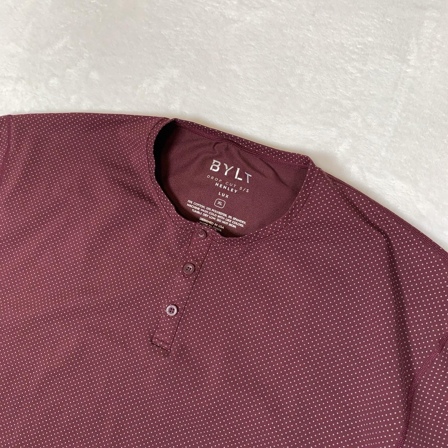 BYLT Drop-Cut Henley Shirt Mens XL Red Polka Dot LUX Short Sleeve Athletic Fit gallery