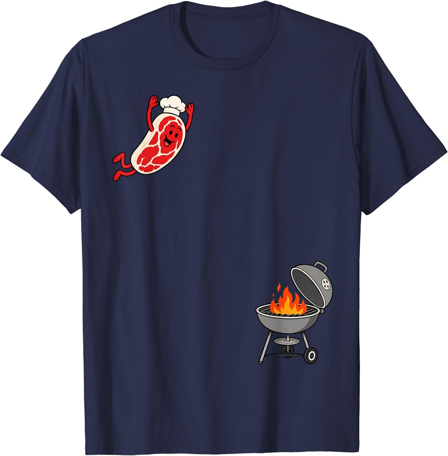 Funny Chef Steak Jumping Into BBQ Grill Cartoon T-Shirt gallery