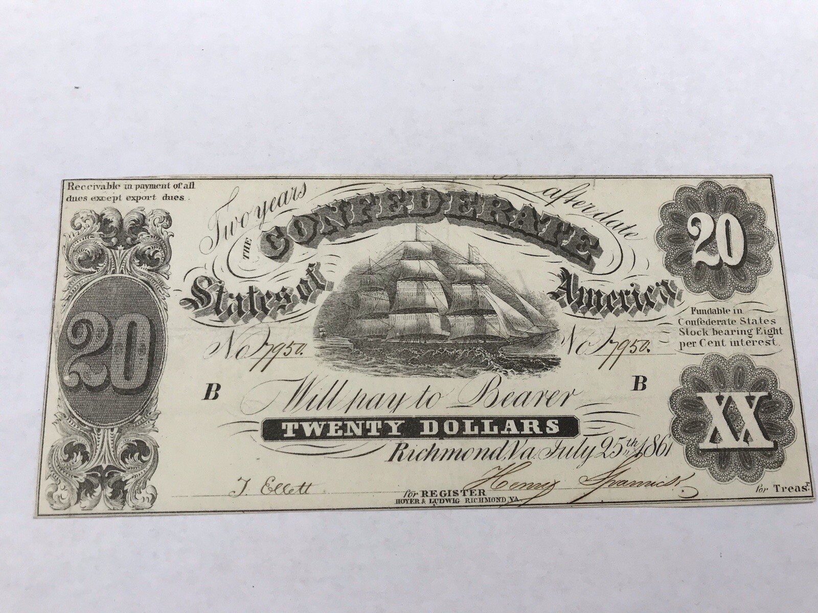 A&O-1861 $20 CSA CONFEDERATE T-9 Nice White Cut With Richmond Stamp On Reverse