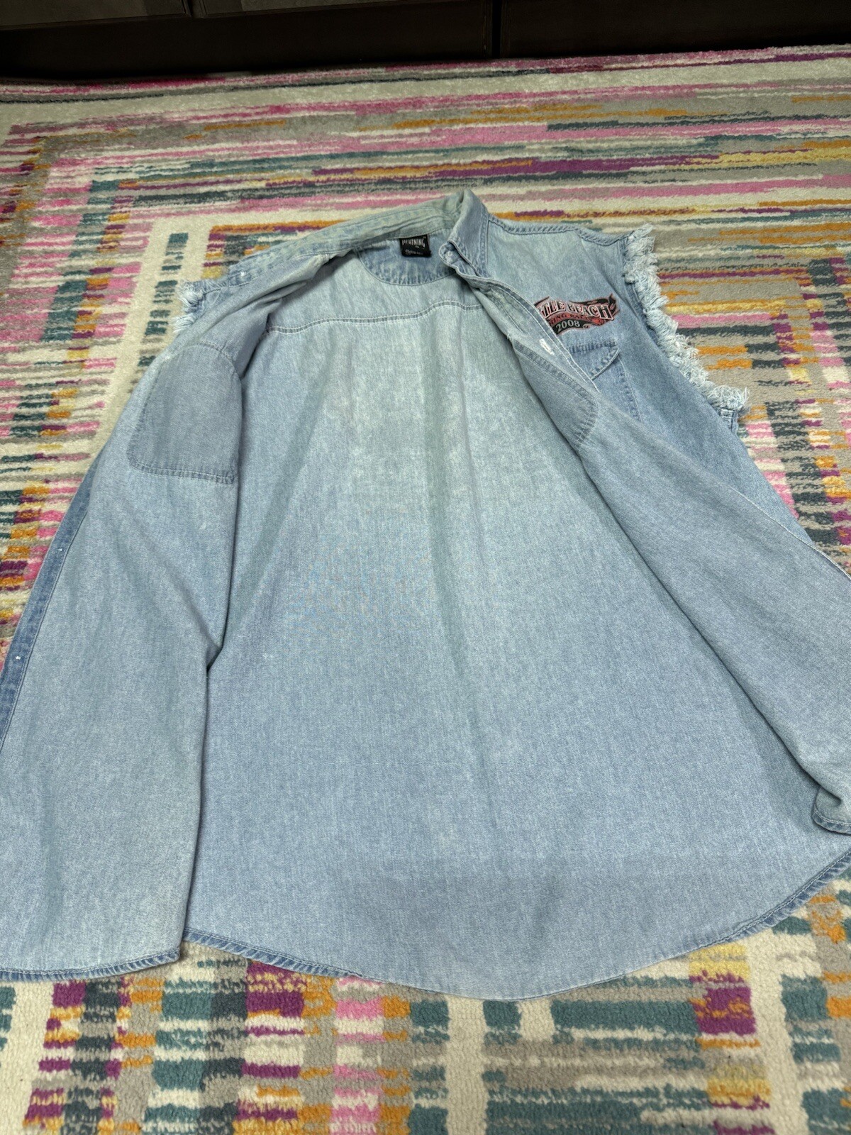 2008 Myrtle Beach Spring Rally Sleeveless Denim Shirt Frayed Arm Holes XL Stains gallery
