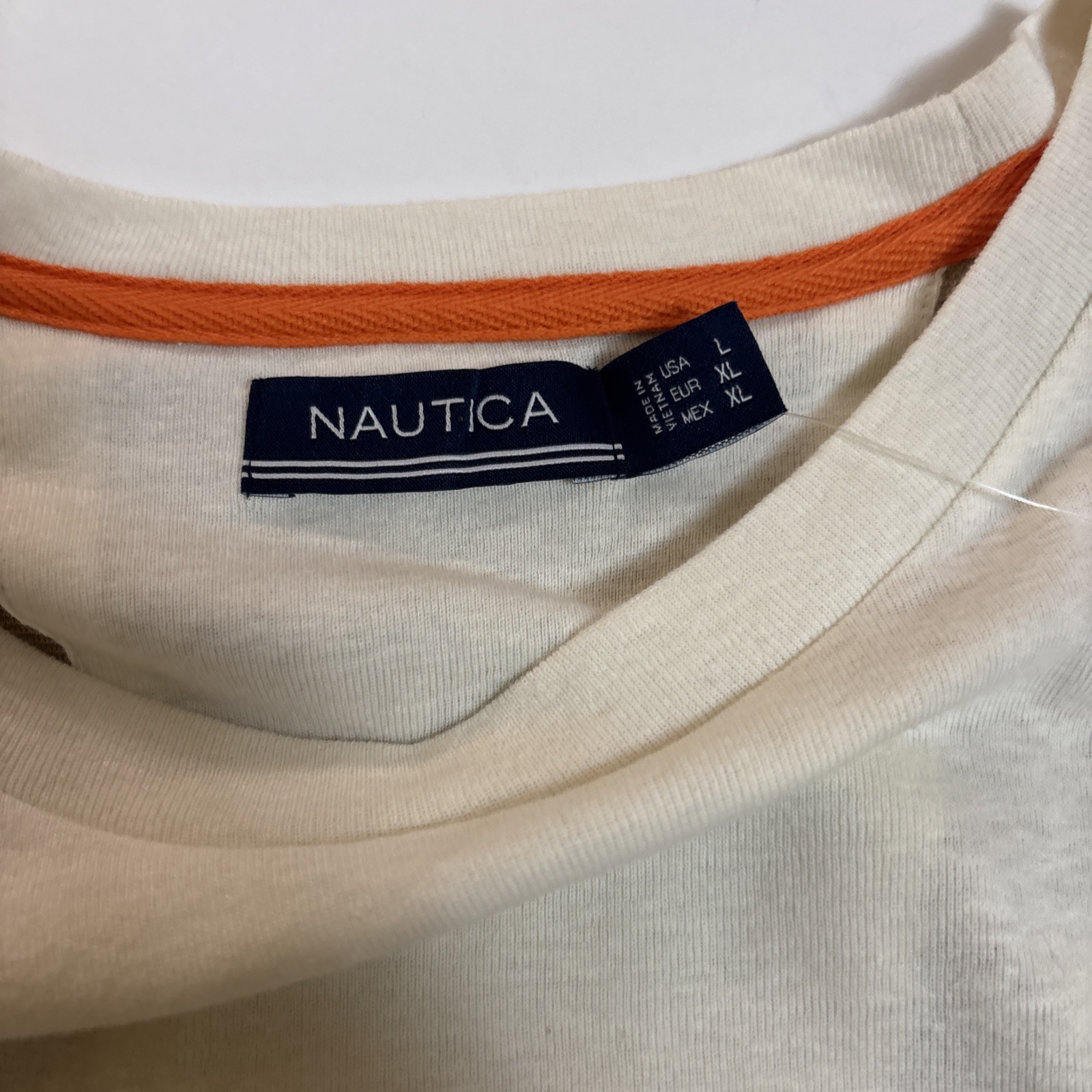 NWT Nautica Mens L Cream/Tan Color Block Short Sleeve Cotton/Linen Blend T-Shirt gallery