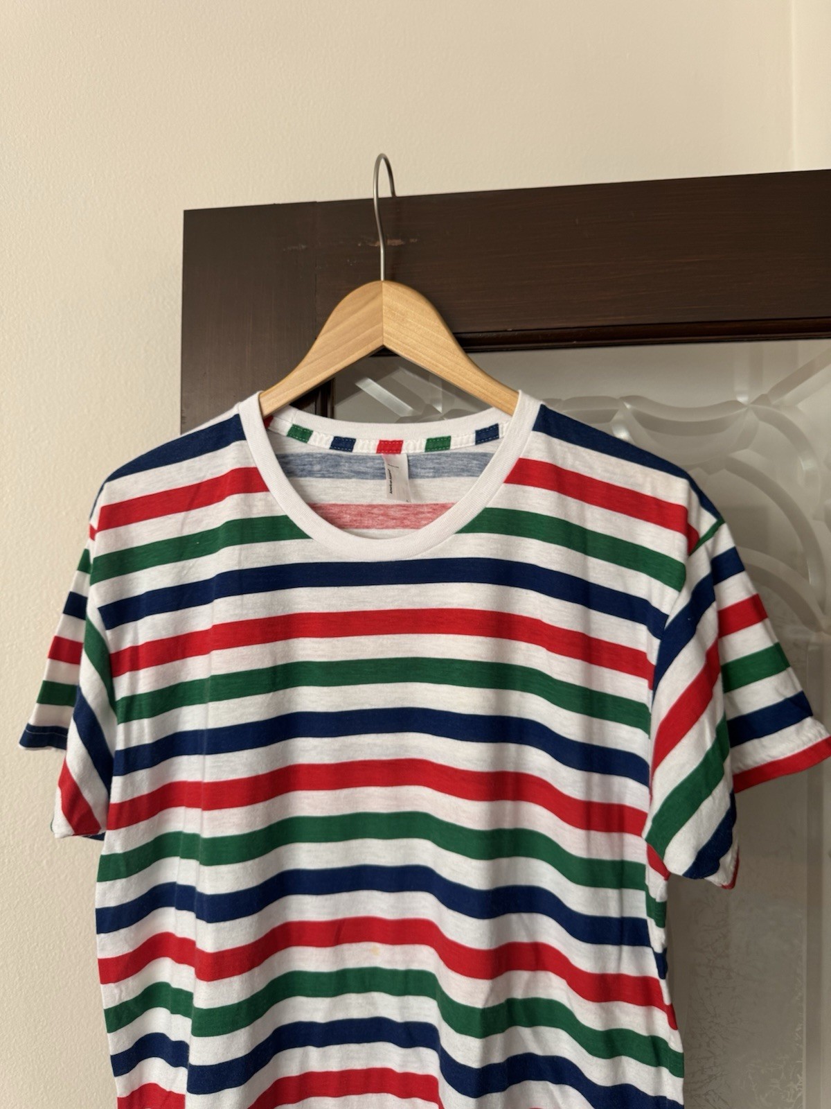 American Apparel Multi Striped Ringer Tee 50 50 Large Made In USA Red Green Blue gallery