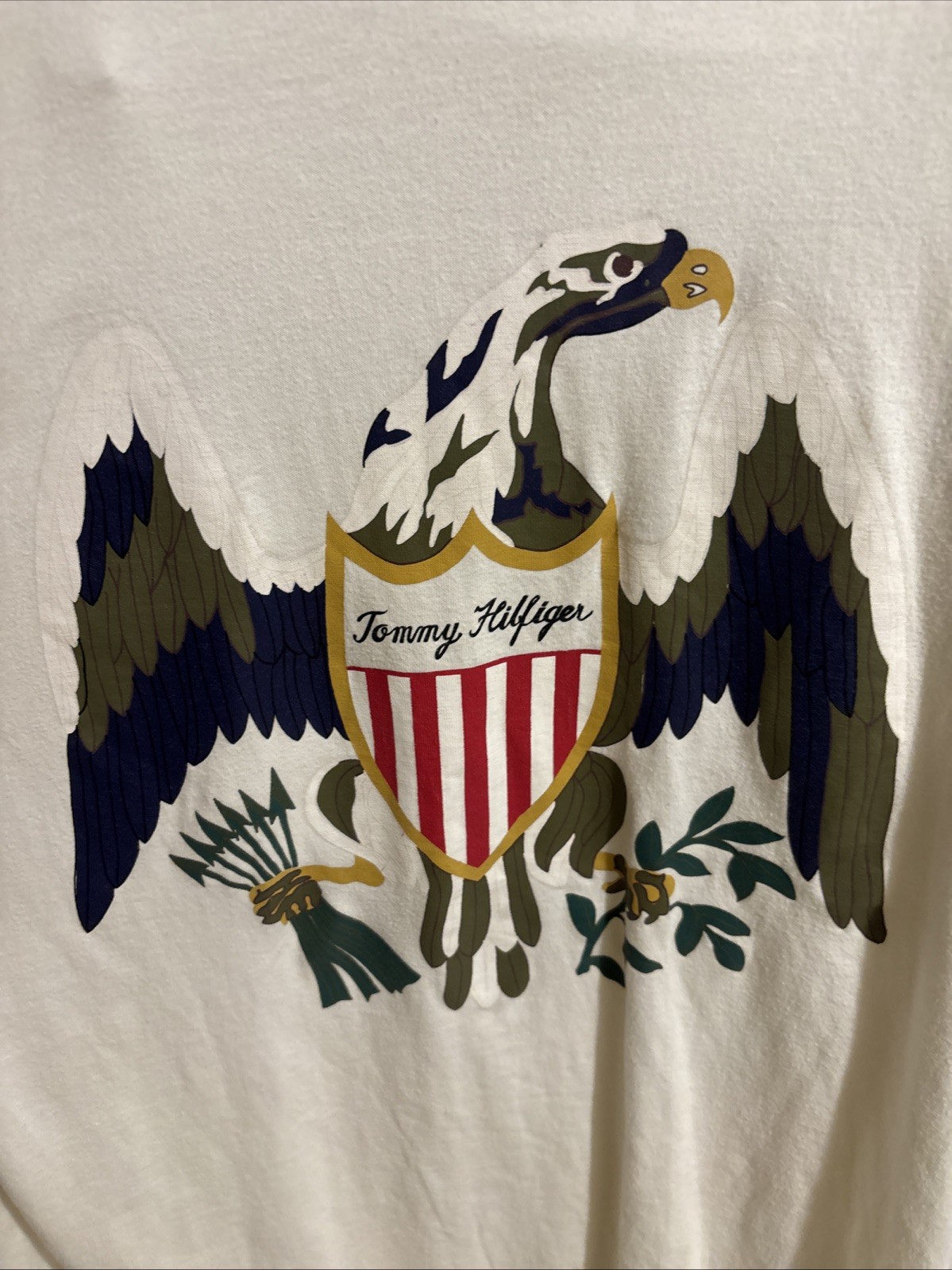 Vintage 90s Tommy Hilfiger Patriotic Eagle Crest Ringer T-Shirt White Blue Red L gallery
