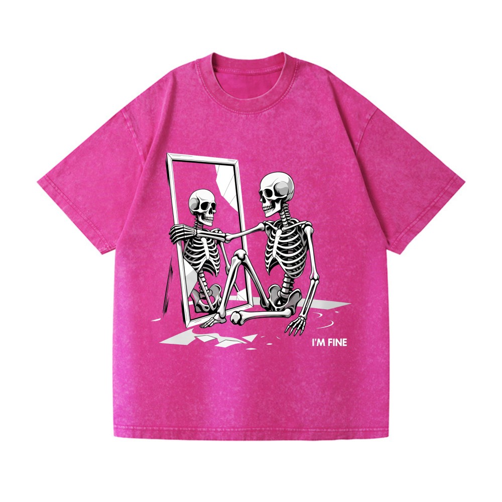 Funny Sarcastic "I'm Fine" Skeleton Graphic Washed Streetwear T-Shirt gallery
