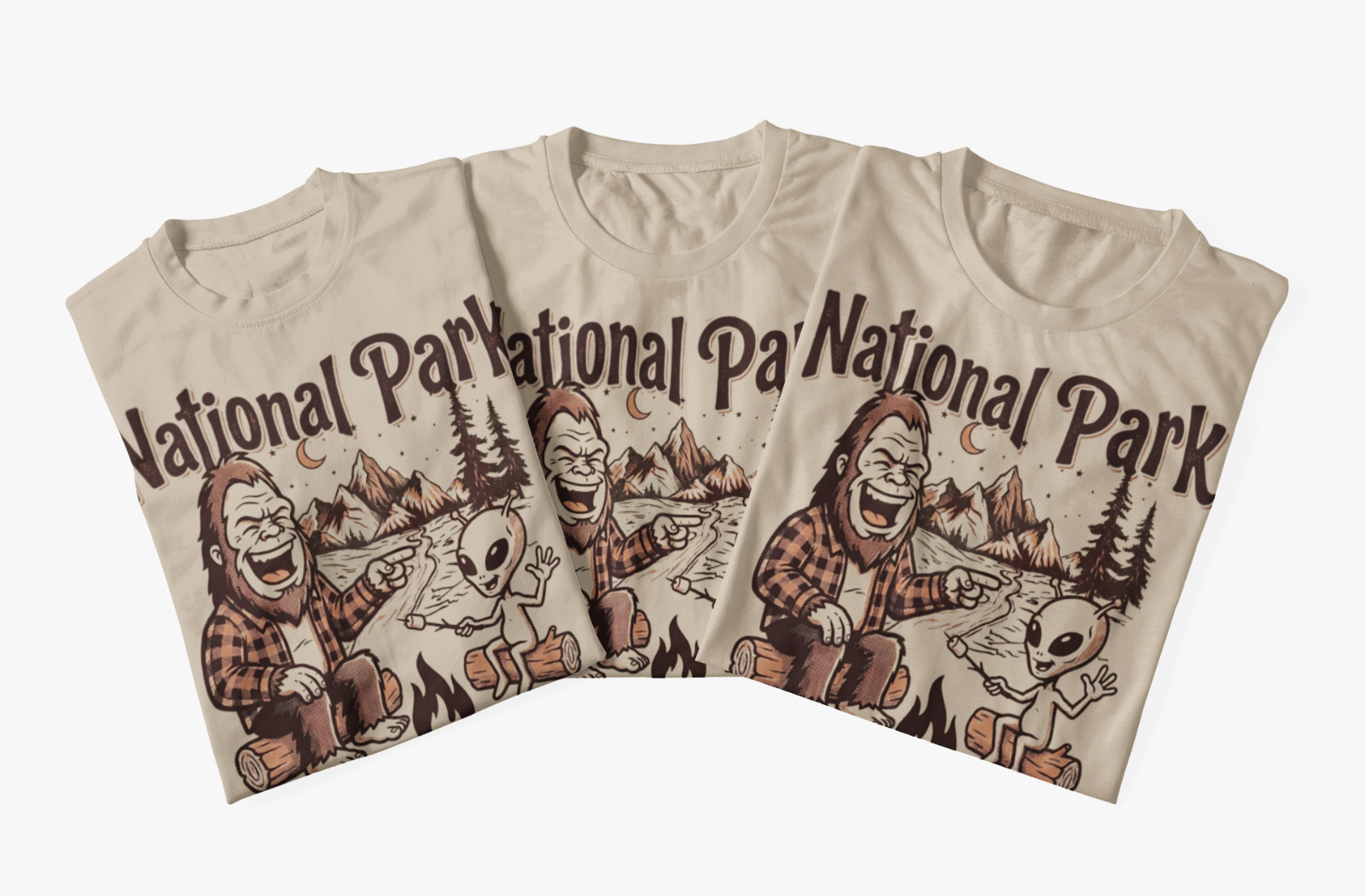 PNW Yellowstone Zion Yosemite National Park After Dark Bigfoot Alien T-Shirt Tee gallery