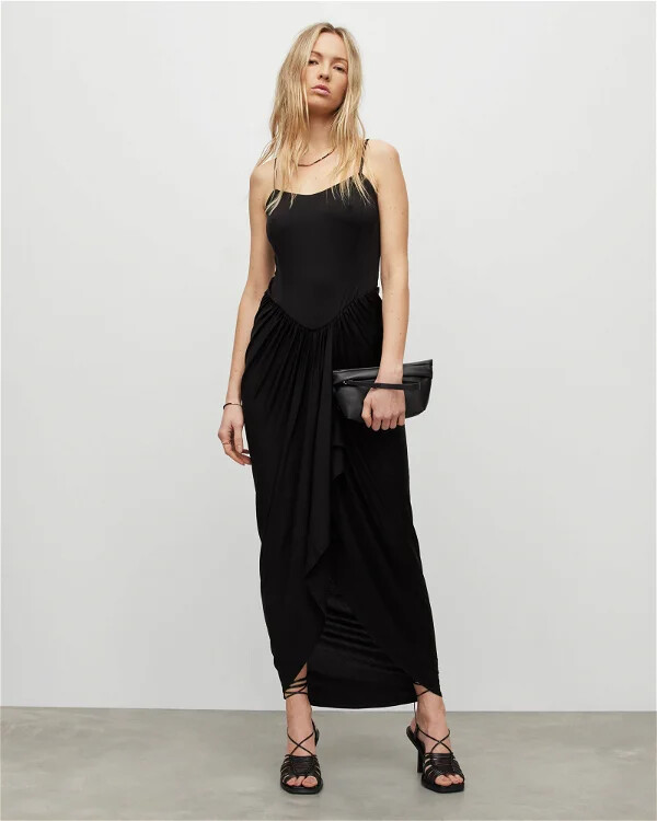 All Saints Womens Draped Midi Dress Sleeveless Slim Square Neck Gathered Skirt