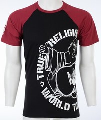 $79 TRUE RELIGION Black Red PART BUDDHA Short Sleeve Designer Raglan T-shirt NWT