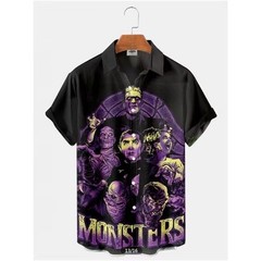 Mens Button Down Universal Monsters Halloween Hawaiian Top Novelty Holiday Gift