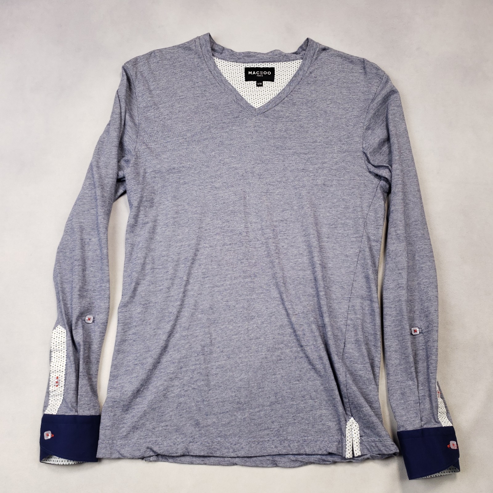 Maceoo Shirt Men Size 3 / M Blue Cotton V-Neck Long Sleeve Barrel Cuff Pullover