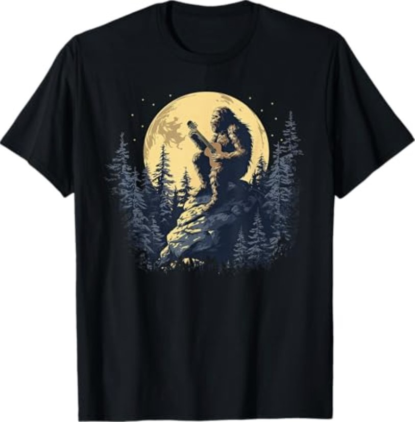 Bigfoot Playing Guitar Full Moon Funny Sasquatch T-Shirt