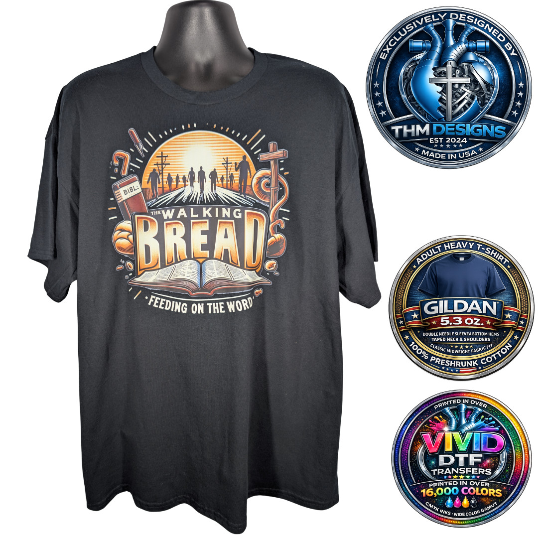 THM Designs Walking Bread Christian Graphic Tee NWT XXL Gildan G500 DTF gallery