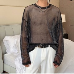 Men Glitter Mesh Top Shiny Sheer Long Sleeve T-shirt Gothic Punk Clubwear Casual