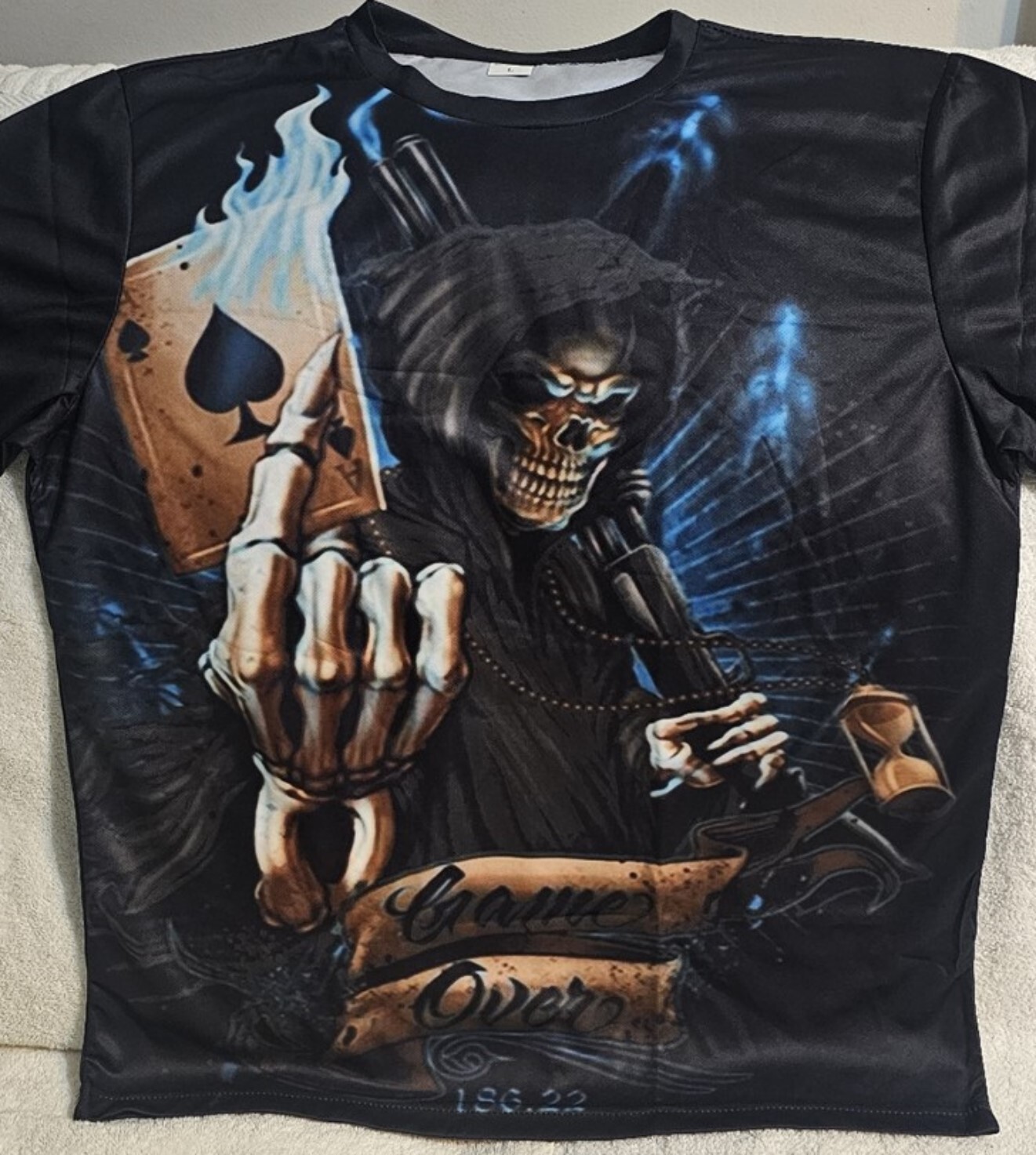 GRIM REAPER ACE SPADES CARD FLAME GUN GAME OVER SKULL HORROR SCARY T-SHIRT gallery