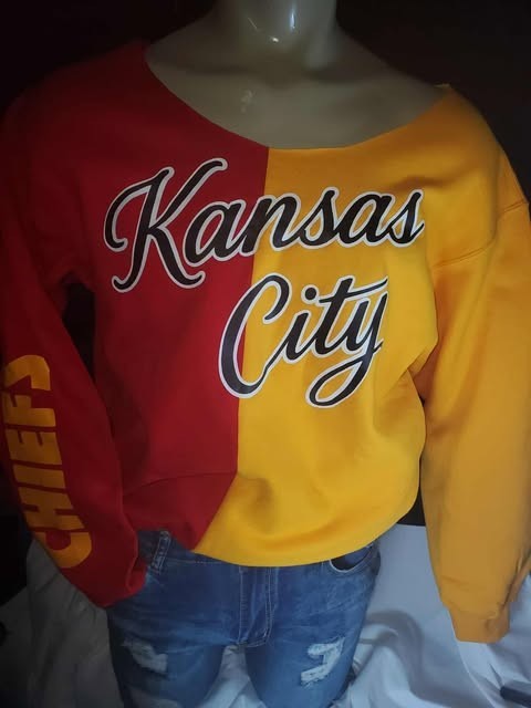 KC CHIEFS GLITTER KANSAS CITY raw edge sweatshirt cold shoulder off shoulder