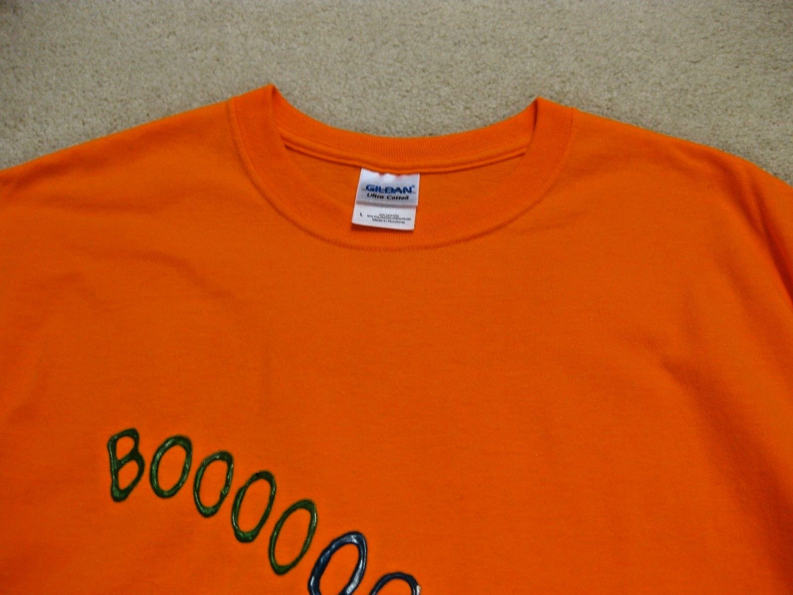 Gildan 50% Cotton 50% Poly Glow in the Dark Lettered Halloween Tee Size L Orange gallery