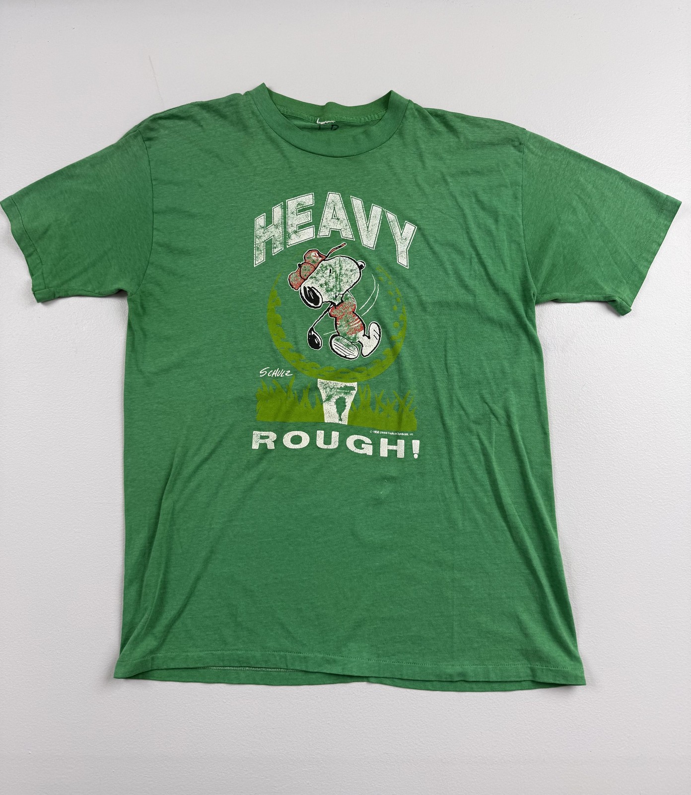 Vintage 1988 Snoopy Peanuts Shirt Mens Green Heavy Rough Golf Tee Cartoon Read gallery