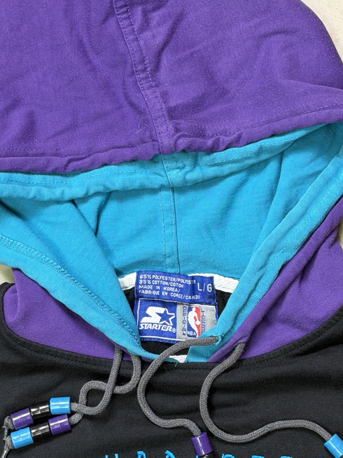 VTG 1990 NBA Charlotte Hornets Double Hood Starter Tee Made In Korea Large gallery