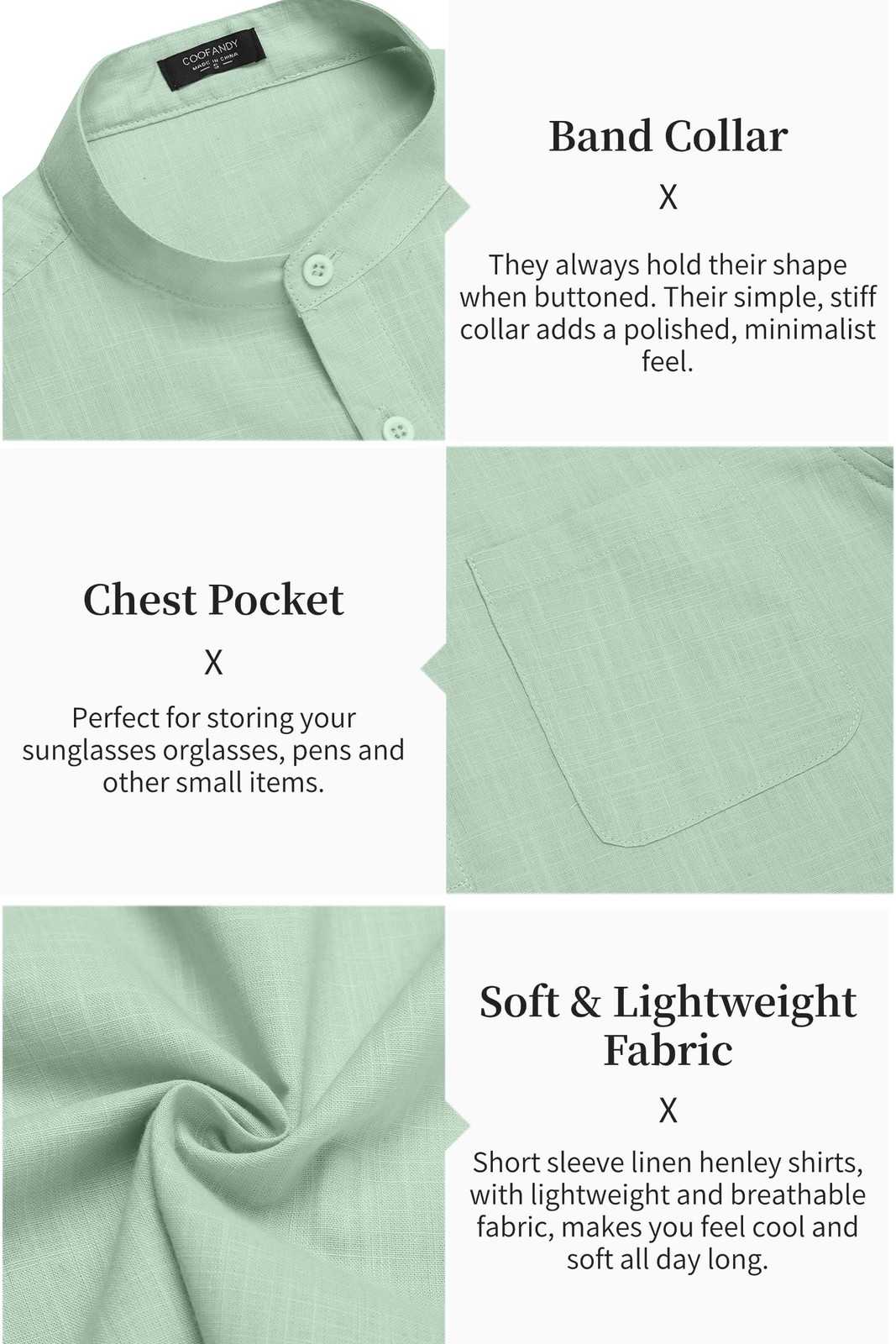 Men's Casual Cotton Linen Henley Shirts Beach with Pocket Light Green 3XL gallery