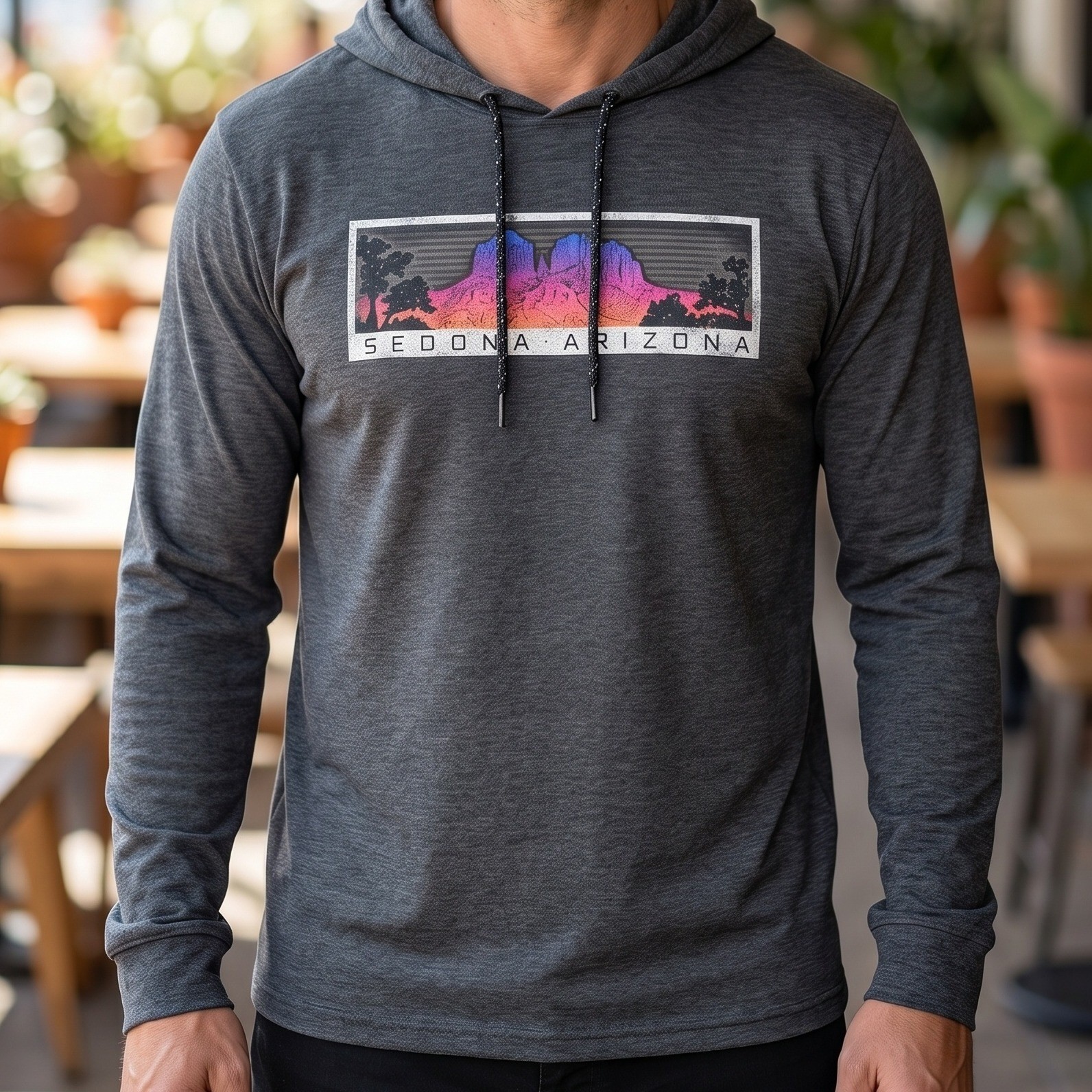 Prairie Mountain Sedona Arizona Sunset Graphic Long Sleeve Hooded T-Shirt Gray gallery